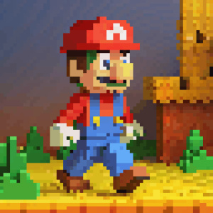 haz un icono de mario bross en cuerpo completo caminando con fondo de cavernas