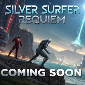 Promotional poster for 'Silver Surfer Requiem' by Marvel Studios. Futuristic landscape with action scenes. Release date: Coming Soon.