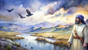 In the Bible, in ancient times, Elijah the Tishbite was by the brook Cherith on the east side of the Jordan River. There are three crows in the sky with food in their mouths