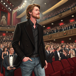 Garrett Hedlund, wearing a black blazer and jeans, standing in a crowded auditorium during award show. He has a brown beard and hair.