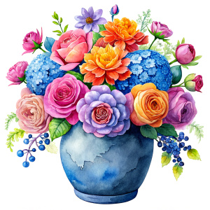 watercolor . rose pink cala , coral pink daffodil ,yellow roses ,orange  Damarions, punch pink Common Crape Myrtle , royal blue Ranunculus viburnum , stone blue wax flower ,ruby pink dandelion ,salmon pink geranium, violet , a big stone blue Chineese  traditional decorated Vase on a white wall, watercolor