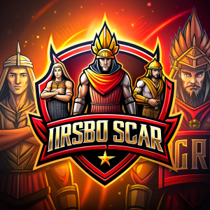 Generate a modern e-sport logo in ancient times with the title "TRIBO DE ISSACAR" with people in ancient times with warriors at their side ready for war in red, yellow and black colors. 3D rendering in flat 2D style with shadows on the stroke.