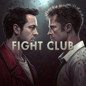 Movie poster for 'Fight Club'. Edward Norton and Brad Pitt staring intensely. Dark background with white font