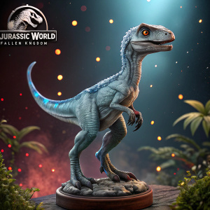 3D render of a Baby Blue Velociraptor from Jurassic World: Fallen Kingdom. The figurine, created by Prime 1 Studio, shows intricate details with a dark background featuring colorful light effects and the Jurassic World logo.