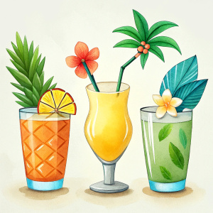 Set of hand drawn bright tropical cocktails decorated with tropical flowers, leaves and fruits on white background. Beautiful Summer decor for menus, posters, cards, and packaging