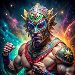 extraterrestre con mascara de luchador flores de lucha libre mexcana huichol arte dia de muertos  luchando en metafisica,matrix,sticker, full body