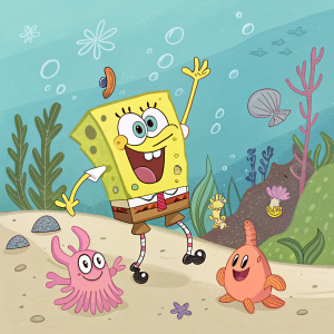 SpongeBob SquarePants, in a happy pose, surrounded by underwater Bikini Bottom friends. Coral reef background.