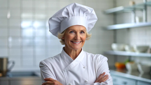 Caucasian middle aged women chef in a chef's hat with arms crossed wears apron standing in restaurant kitchen and smiling