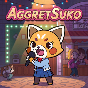 Official poster for 'Aggretsuko'. Retsuko, a red panda, standing in a karaoke bar, holding a microphone.