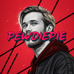 Digital artwork featuring PewDiePie. Modern, graphic style. Red background, black lines, vibrant colors. Text included.