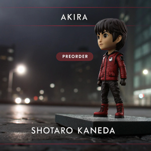 Website screenshot showcasing a detailed Shotaro Kaneda figurine from Akira. Dark color scheme, large 'PREORDER' button.