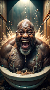 fat old black man with a big head and a long neck comes out of a toilet bowl.
He has no body, only a neck and head.
He smiled so wide that his teeth could be seen.
long neck long neck
Peple Got wate rgun splashed with water and powder from many people.
in a cyberpunk  , 
in eypt
very peple