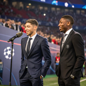 Federico Valverde and David Alaba at the Champions League press conference. Both wearing suits and ties. A large audience and press in the background.