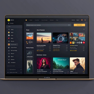 Screenshot of Winamp desktop application. Dark theme interface featuring navigation bar, music content area with artist and song thumbnails, new release section. Background highlighted by thumbnail colors.