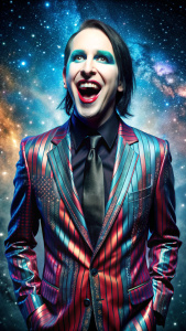 Marilyn Manson, Happy,  standing, crazy starry night, smiling, crazy outfit, skinny,  8K, best quality, ultrarealistic