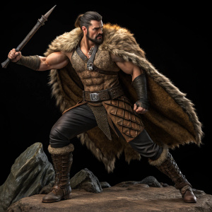 Kraven the Hunter, muscular figure in combat pose. Black background with wild animal skins draped around. Leather outfit and fur cape.