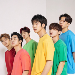 GOT7 members in a group photo, each wearing a different color of the 7 for 7 T-shirt lineup. Studio backdrop