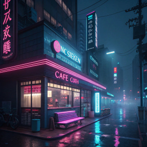 In the heart of a bustling neon-lit city, Mo-Ikken Cafe sparkles with futuristic holograms. The walls, once traditional Japanese, now boast a sleek, modern design. A neon-lit bench stands under the glow of vibrant, pulsating lights.