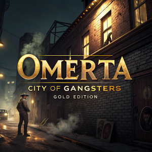 Promotional cover for 'Omerta: City of Gangsters Gold Edition'. Dark gritty aesthetic. Stylized gold-toned title on a weathered brick wall. Smoke and shadows add an air of menace. Subtle hints of vintage posters and flickering neon lights.