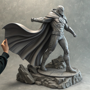 3D printed statue of Magneto, Marvel character, dynamic pose, flowing cape, gray shades, rugged rocky base, textured gray background, hand partially visible