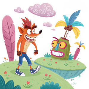 Crash Bandicoot and Aku Aku in a hand-drawn animation. The characters are in a whimsical landscape. White background