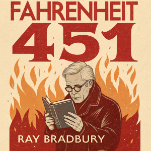 Cover art for Ray Bradbury's 'Fahrenheit 451'. A man engulfed in flames, clutching a book. Vintage aesthetic, prominent title and author name. Celebrating its 50th anniversary.
