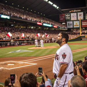 Alex Avila, player for the Arizona Diamondbacks, in a white baseball jersey, standing by home plate. The stadium is full of cheering fans, with other players in the background.