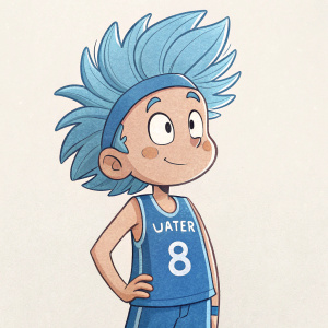 Cartoon character, blue spiky hair, blue tank top with 'WATER' and '8', plain background