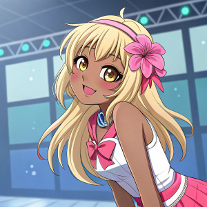 A ganguro-themed anime girl, blonde hair, wearing a pink flower accessory, playful and flirtatious pose on a digital platform background, illustration