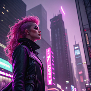 Evelynn, with wild pink hair and intense expression, standing in a futuristic cityscape. Neon lights cast a purple glow around her.