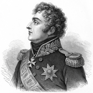 Illustration of Charles Pierre François Augereau, 1st Duke of Castiglione. Black and white print. Ornate military uniform with star emblem. Curly hair, confident pose. Fine lines, shading. Plain background.