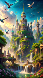 breathtaking landscape, paradise, fodopad, birds, a bit of elven architecture, photorealistic image, lots of details