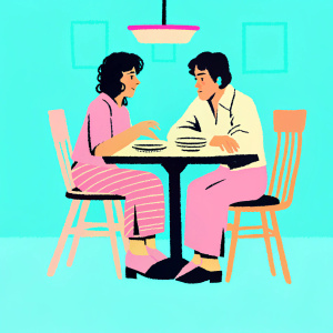 Erin Moran and Scott Baio in 'Happy Days'. Erin with her signature curly hair, Scott with a serious look. They are seated at a vintage wooden dining table set with plates. The room has warm lighting and features vintage-style furniture.