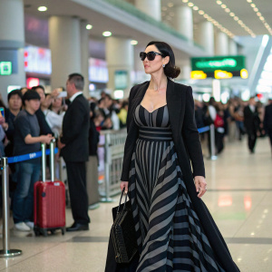 Monica Bellucci, elegantly clad in a black and grey striped gown, with sunglasses, walking through a bustling airport. Numerous people and busy surroundings.