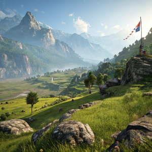 3D illustration of Ubisoft's Far Cry 4 game. Mountainous terrain, green meadows, fluttering flags. Foreground rock formations.