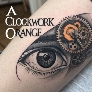Detailed tattoo design featuring a clockwork-style eye with 'A Clockwork Orange' text. Created for a tattoo artist's portfolio.