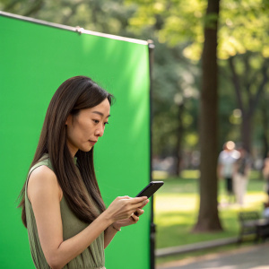 Asian woman with long, straight brown hair using smartphone. Green screen, blurred park in background