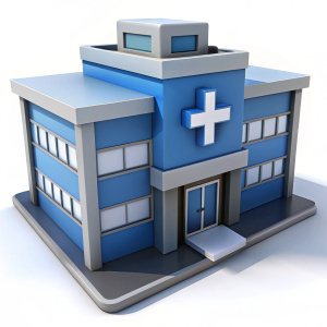 3D Render of a Medical Office Building with Specialty Clinics, on isolated white background.