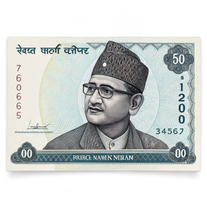 A crisp Nepalese rupee banknote, featuring Prithvi Narayan Shah, first king of unified Nepal, on a minimalist design background.
