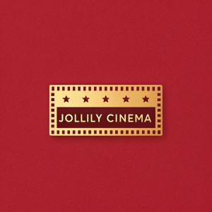 Minimalist logo design for Jollily Cinema featuring a bold, gold-colored film strip against a vibrant red background. The logo is centered with the brand name Jollily Cinema in sleek, modern font. No shading or depth effects used.