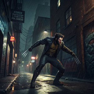 Hugh Jackman as Wolverine, mid-action pose in a deserted alley. Dark and gritty cityscape