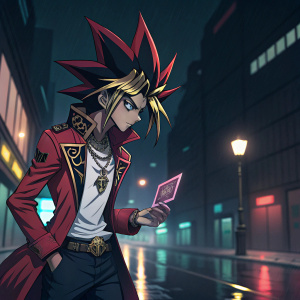Yami Yugi from the Yu-Gi-Oh! anime series, depicted in action. Black and red spiky hair, wearing a white shirt and red jacket with intricate designs. A mysterious glowing card floating near his hand. Dark urban street at night, neon lights reflecting off wet pavement