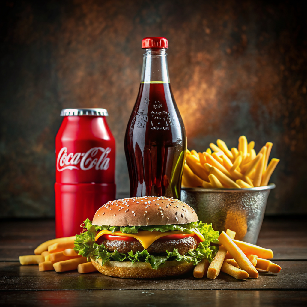 coca Cola, burger and French fries with ketchup on a dark background