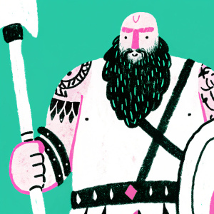 Digital illustration of Bjorn Ironside, a fierce viking leader with intricate tattoos and a full beard. From the video game 'Rise of Kingdoms'.