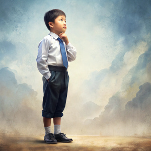 kazakh schoolboy in full height think about something, white background., photo