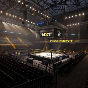 3D digital rendering of WWE NXT arena. Focused on central ring and surrounding infrastructure. Dimly lit environment with prominent NXT branding. Rows of seats extend into the background. Dramatic lighting creates a striking visual effect.