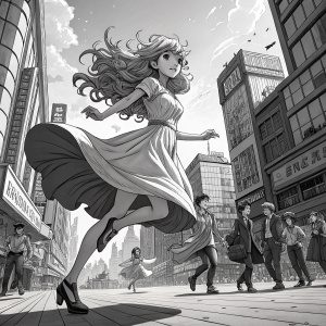 Anime-style illustration of a female character with long wavy hair, mid-jump in a dynamic pose. She wears a flowing dress. Background shows a bustling cityscape with other characters. Comic book panel, black and white.