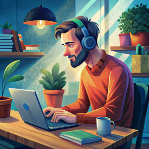 Generate an image of a man working with laptop sitting, listening to music with headphones. flat illustration.