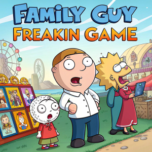 Promotional poster for Family Guy Freakin Game. Colorful cartoon characters including Stewie, Peter, and Lois Griffin. Detailed description of game components such as wireframes and prototypes.