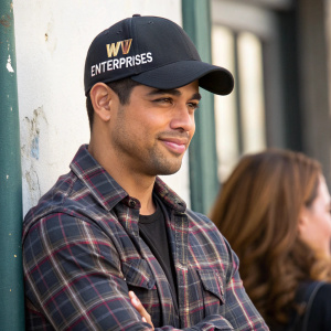 Wilmer Valderrama, in a casual pose with a slight smile. Wearing a black cap with WW Enterprises logo and a plaid shirt. Standing against a blurred backdrop with a hint of someone's hair.